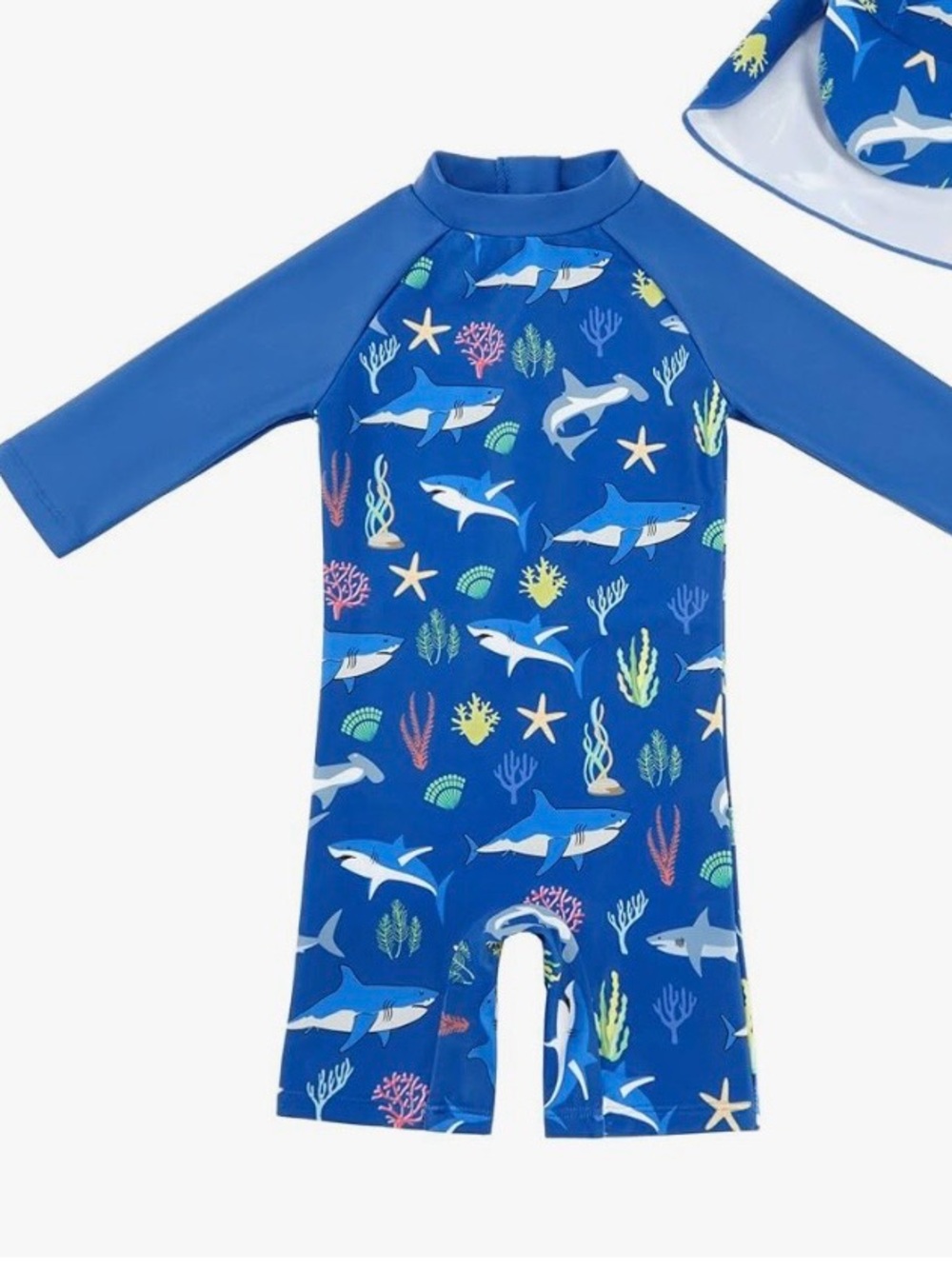 Children's Blue Shark Print Long-Sleeve Rashguard Swimsuit